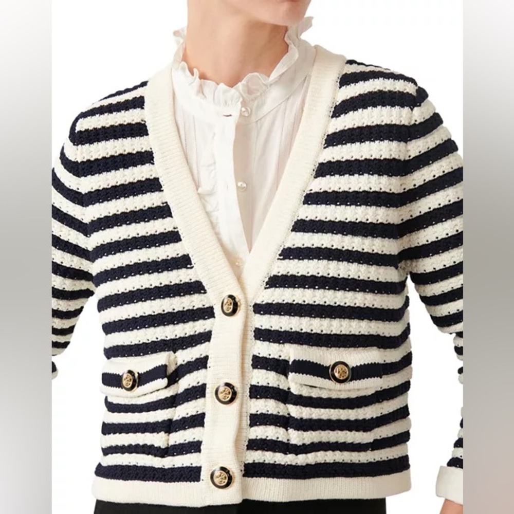 Ba&sh Gamden striped Cropped V-neck gold-tone military-style buttons cardigan 0 - Picture 4 of 13